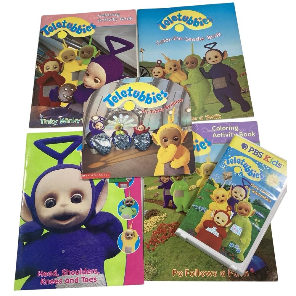 Teletubbies Coloring Activity and Story Book Lot with VHS Vintage PBS Kids Y2K